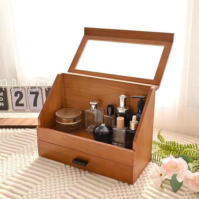 DECOR4SEASON Cologne Organizer for Men, Pine Wood Bathroom Vanity Organizer Countertop, Desk Organizers with Drawer, 2 Tier Perfume Stand Holder, Men Jewelry Box, Ideal Gift for Him Dad Boyfriend