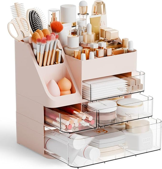 Yieach Countertop Makeup Organizers With Brush Holder,Big Skincare Organizers for Vanity,Dresser,Bathroom,Plastic Cosmetics Storage Organizer with 4 Drawers for Lotion,Beauty,Hair Product & Tool,Pink