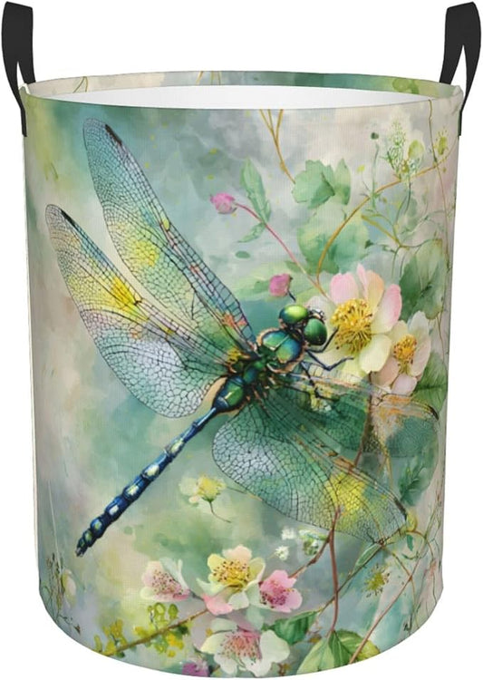 Dragonfly Floral Pattern Laundry Hamper, Collapsible Storage Basket with Handles for Clothes, Bedroom, Bathroom 19.6 x15.7 Inch