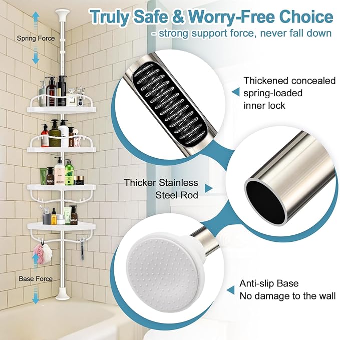 Corner Shower Caddy Tension Pole, Rustproof Bathtub Storage Organizer with 4 Adjustable Shelves, Bathroom Shower Rack Shampoo Holders for Inside Shower, 40"-120" Floor to Ceiling Shower Caddy Silver