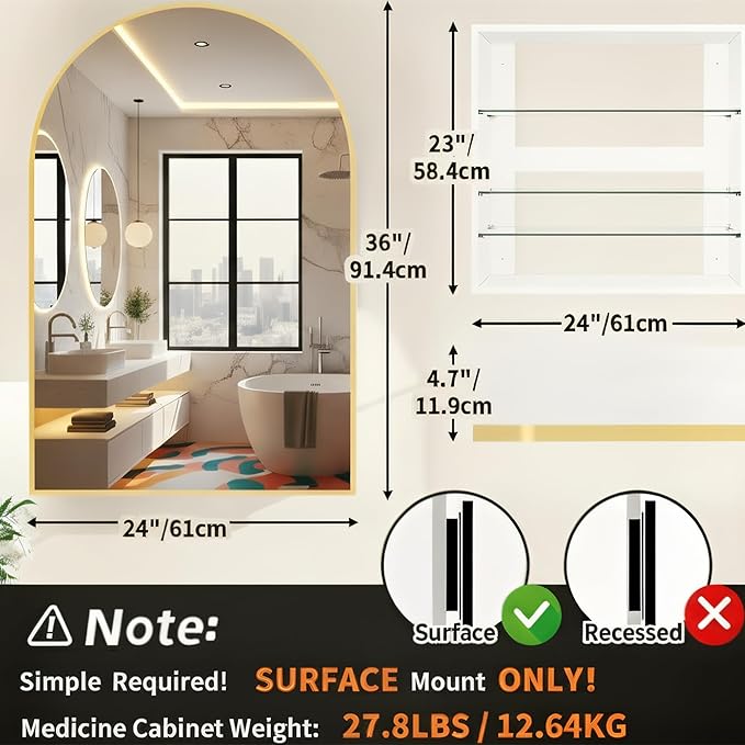 FKWin Gold Bathroom Medicine Cabinet with Mirror for Left or Right Opening, Medicine Cabinets for Bathroom, not Recessed, Modern Bathroom Mirror with Storage, Gold, 24x36 inch