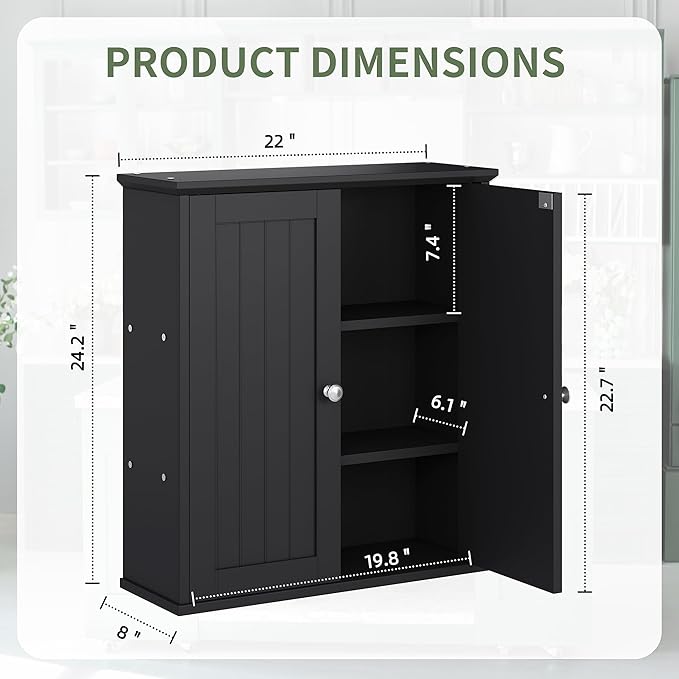 Walsunny Bathroom Medicine Cabinet Wall Mount with 2 Doors and 2 Shelves, Small Bathroom Cabinet Wooden Storage Cabinet Over Toilet Restroom Laundry Room Kitchen, Black