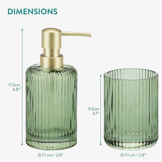 Navaris Glass Bathroom Accessories Set - Durable 4 Piece Accessory Set in Sage Green - Vanity Home Decor - Toothbrush Holder, Soap Dispenser, Cotton Jar & Soap Dish