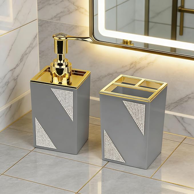 Bathroom Accessories Set, Square 2-Piece Gray Soap Dispenser & Toothbrush Holder with Sparkling Inlaid Diamonds, Modern Geometric Vanity Set