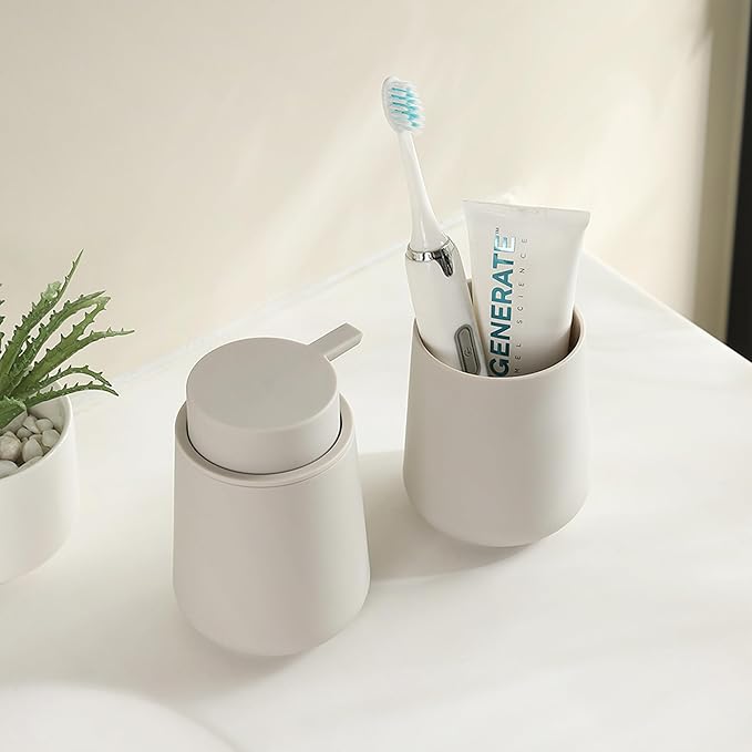 YAUKPH Matte Beige Bathroom Accessories 2 Piece Set Plastic Soap Dispenser and Toothbrush Holder for Modern Bathroom Decor