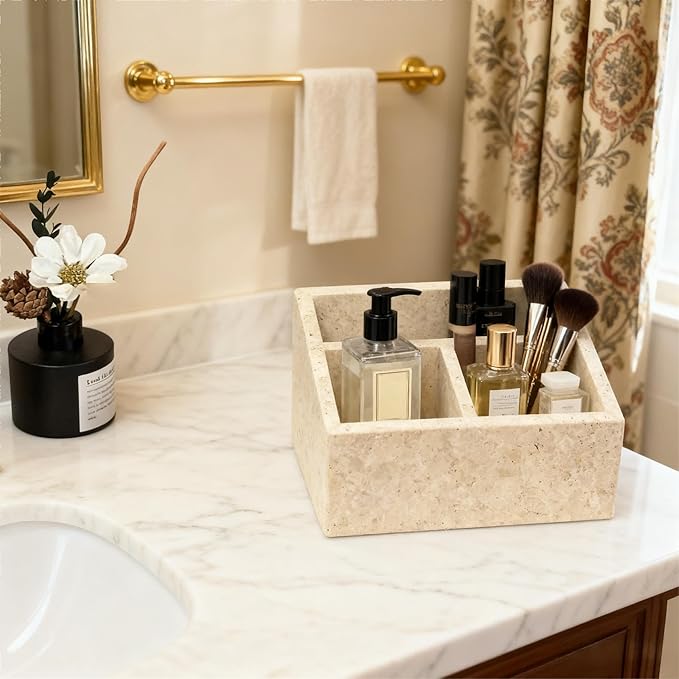 Marble Desk Organizer with 3 Compartments, White and Purple Pattern, Modern Design (Beige)