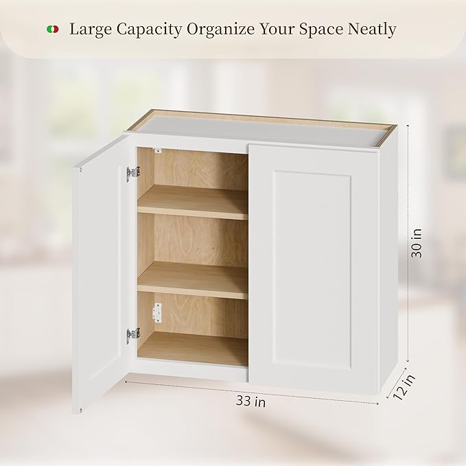 Kisart Laundry Room Cabinets Wall Mounted with Doors & Shelves, Solid Wood RTA Medicine Storage Cabinet, 33" Wx30 Hx12 D Inch White Shaker Hanging Cupboard, Space-Saving for Kitchen, Bathroom, Garage