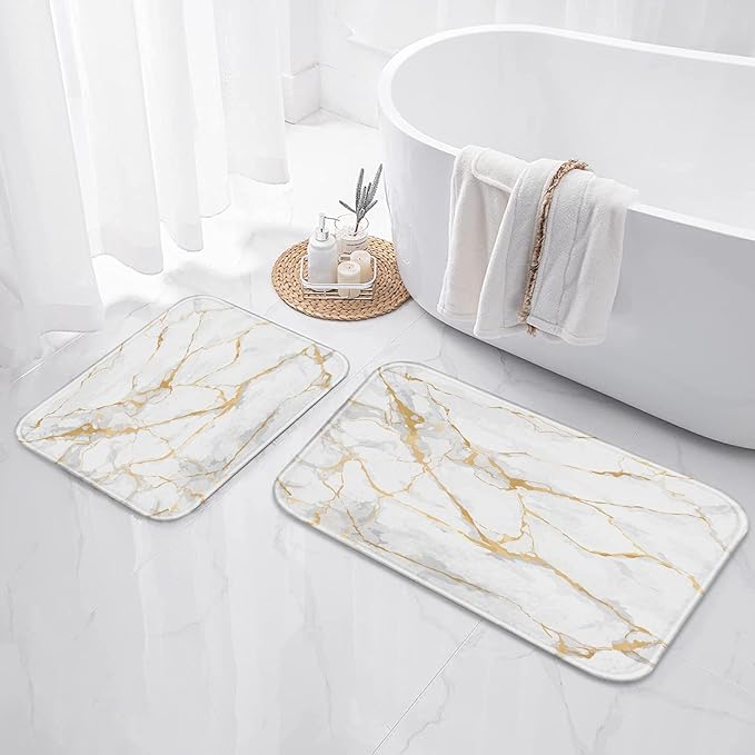 ArtSocket White Bathroom Set with Shower Curtain and Rugs and Accessories, Marble Gold Rose Stone Shower Curtain Set, Modern Mable Bathroom Decor 3-Piece Set