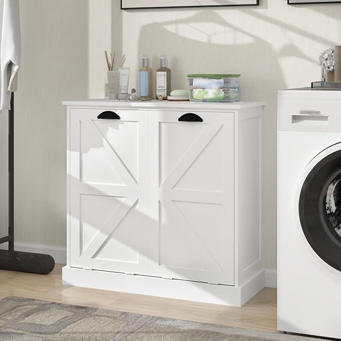 Locsear Laundry Hamper Cabinet with Removable Basket, Double Tilt Out Laundry Hamper, Wood Bathroom Storage, Free Standing Home Organizer, White