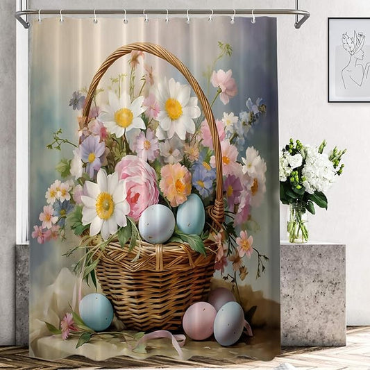 Shrahala Basket Flowers Eggs Decorative Shower Curtain, A Basket Filled with Flowers and Eggs Bathroom Décor Polyester Fiber Waterproof with Plastic Rings for Shower Stall Bathtubs 72 X 60 in