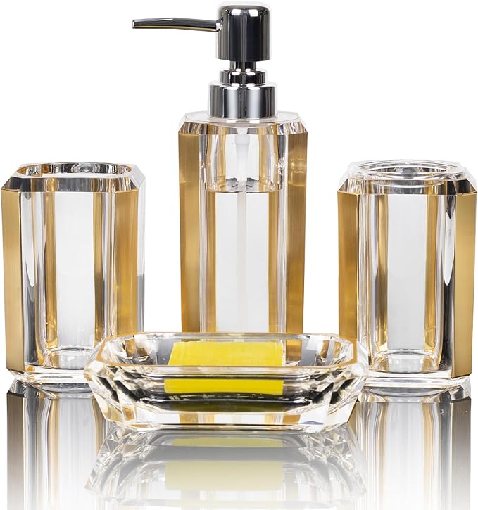 4-Piece Gold Bathroom Accessories Set — Soap Dispenser, Soap Dish, Mouthwash Cup & Toothbrush Holder, Acrylic with Brushed Gold Accent, Luxury Bathroom Vanity Countertop Organizer for Home