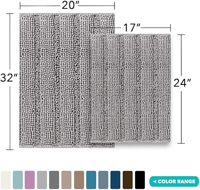 Turquoize Chenille Bathroom Rugs Set - Non-Slip Bath Mats for Bathroom & Kitchen/Entryway (20" x 32" and 17" x 24"), Extra Soft and Absorbent Shaggy Mats, Dove Gray