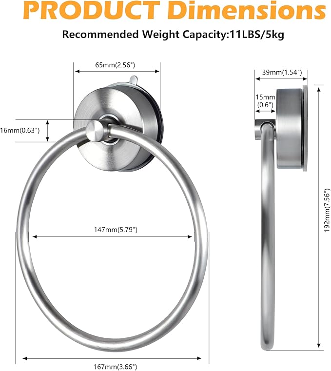 YOHOM Suction Cup Towel Ring Hand Towel Holder for Bathroom Vacuum Suction Washcloth Holder Dish Towel Hanger for Shower Wall No Drill Stainless Steel Brushed Finish, 2 PCS