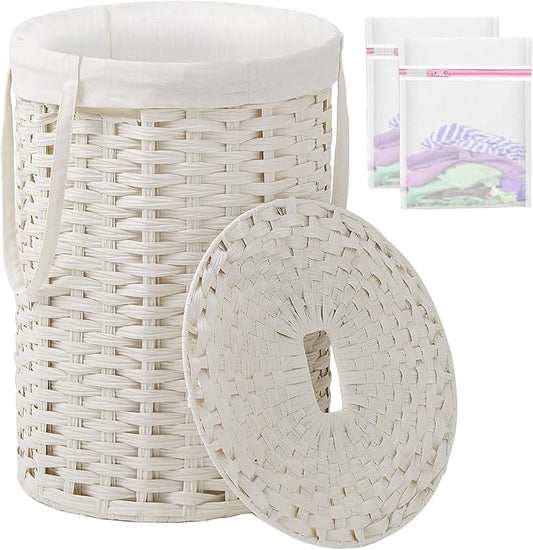 SETVSON Laundry Hamper with Lid Laundry Basket with Lid 19.0 Gal (72 L) Round Wicker Laundry Basket Handwoven Rattan Basket with Lid Removable Bag 2 Mesh Bags Handles for Living Room Bathroom White