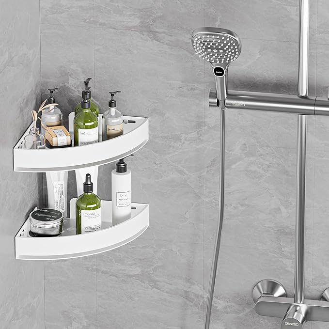 Wisfame Aluminium Shower Corner Shelves - Rustproof Shower Caddy No Drilling Installation Shampoo Holder, White Shelves for Wall for Bathroom Storage,Holds 20LB