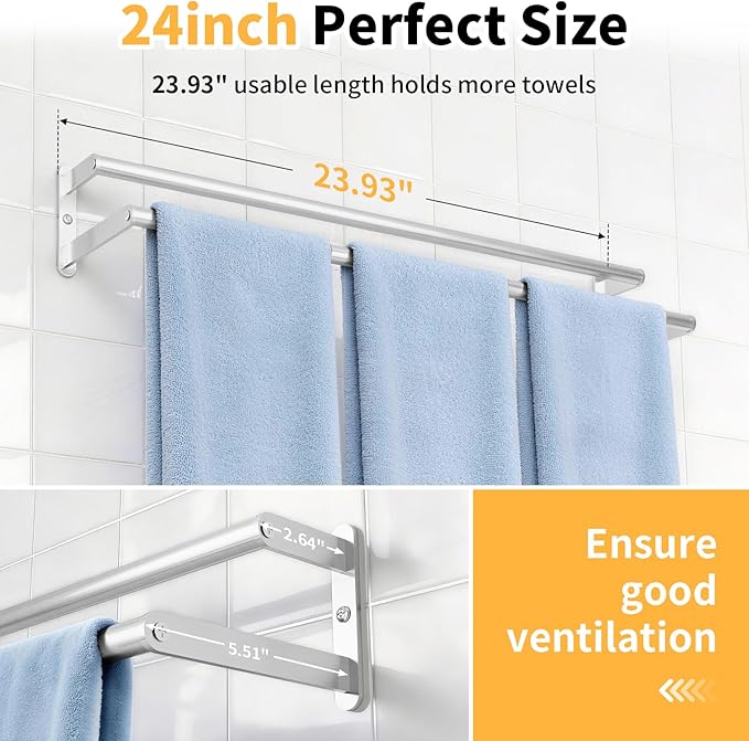 Double Towel Bar, 24Inch Towel Rack for Bathroom Wall Mounted, Stainless Steel Double Bath Towel Bar, Wall Towel Holder for Bathroom, Double Towel Rod Towel Hanger for Wall (Brushed Nickel)