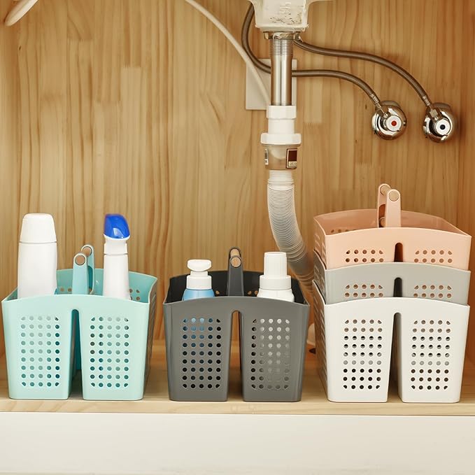 Portable Shower Caddy Basket with Compartments, Plastic Divided Cleaning Caddy Organizer Storage Tote with Handle for Bathroom, College, Dorm Room Essentials, Light Blue