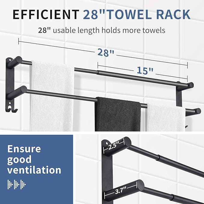 Double Towel Bar???adjustable16-28IN Matte Black Towel Racks for Bathroom, Stainless Steel Towel Holder,Suitable for Bathrooms and Kitchens