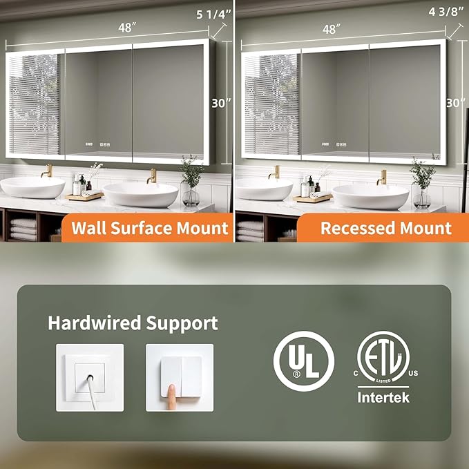 Recessed Medicine Cabinet with Mirror 48 x 30 Inch Led Medicine Cabinet for Bathroom Wall Mount Lighted Medicine Cabinet with Storage, 3 Colour Lights Dimmable Defog, Time/Temp Display