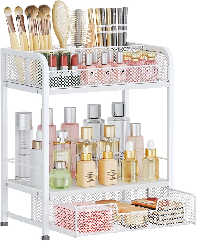 HapiRm Makeup Organizer Countertop with Drawer - Large Capacity Vanity Organizer with Dividers, Bathroom and Bedroom Desk Cosmetic Display Case for Storage Skincare, Makeup Brush, Dresser, Perfume
