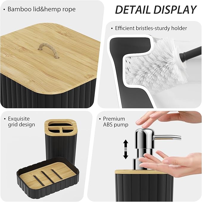Bathroom Accessory Set - 25PC Bathroom Sets with Shower Curtain and Rugs, Black Bathroom Set, Bathroom Accessories Set, Shower Curtain Sets with Rugs, Bathroom Trash Can & Soap Dispenser