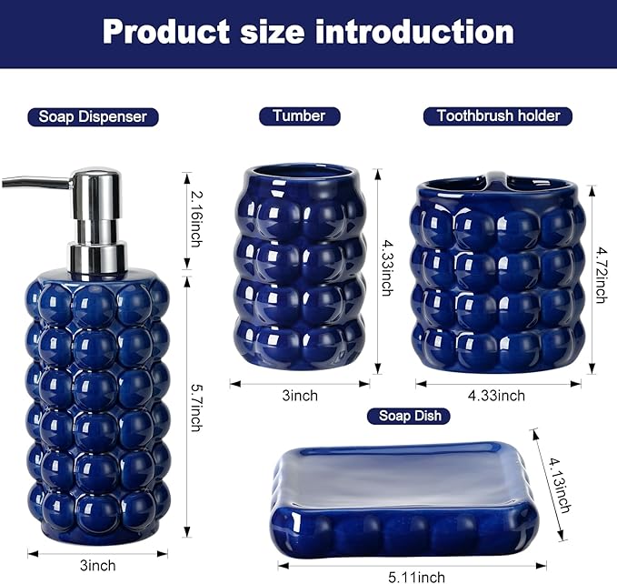 4 Piece Ceramic Bathroom Accessories Set –Soap Dispenser,Toothbrush Holder,Tumbler & Soap Dish,Includes Silicone Funnel,Non-Slip,Modern Farmhouse Countertop Organizer Set for Bathroom Decor, Navy Blue