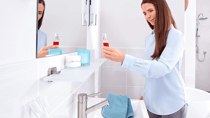 tesa ESTEETIC Glass Shelf - Self-Adhesive Frosted Glass Shelf for Bathroom Utensils - Waterproof, incl. Power.Kit Adhesive Solution - 50 mm x 600 mm x 123 mm