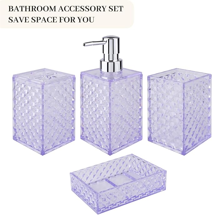 Bathroom Accessory Set, 4 Pcs Plastic Bathroom Set Include Soap Dispenser, Soap Dish, Toothbrush Holder, Mousewash Cup, Modern Bahtroom D??cor Set, Space Save for Bathroom(Light Purple)