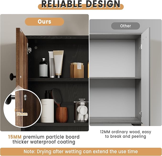 Bathroom Wall Cabinets, Medicine Cabinet with Open Partition and Towel Bar for Bathroom, Living Room, Kitchen, Black & Walnut