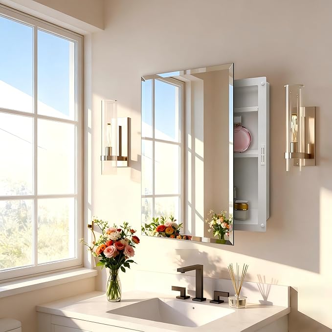 Plastic Medicine Cabinet with Mirror 17x27 inch, Recessed Medicine Cabinet or Surface Wall Mount Bathroom Cabinets with Adjustable Shelves, Beveled Edge Mirror Cabinet