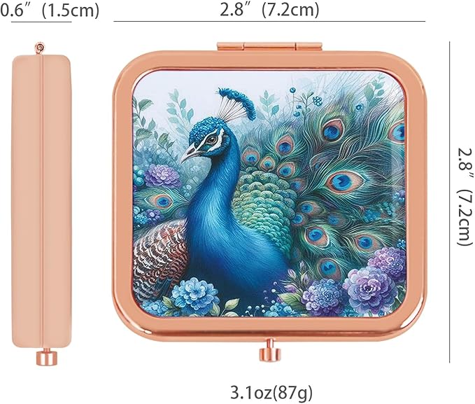 Compact Mirror Travel Makeup Mirror Metal Pocket Cosmetic Mirrors Portable Handheld Beauty Mirror Folding Double-Sided Elegant Vanity Mirror for Men Women Purse Peacock