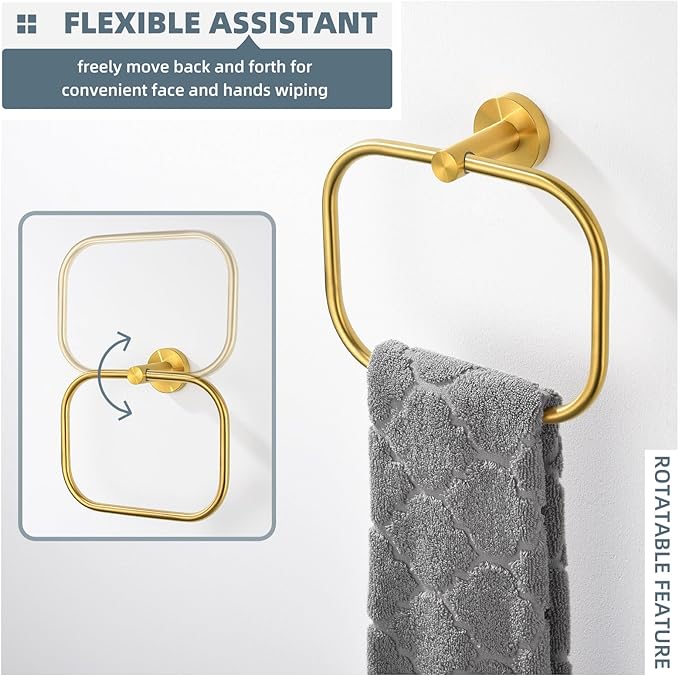 Angle Simple Square Towel Ring Brushed Dark Gold, SUS304 Stainless Steel Swivel Hand Towel Holder for Bathroom, Wall Mount, 7.87 Inches