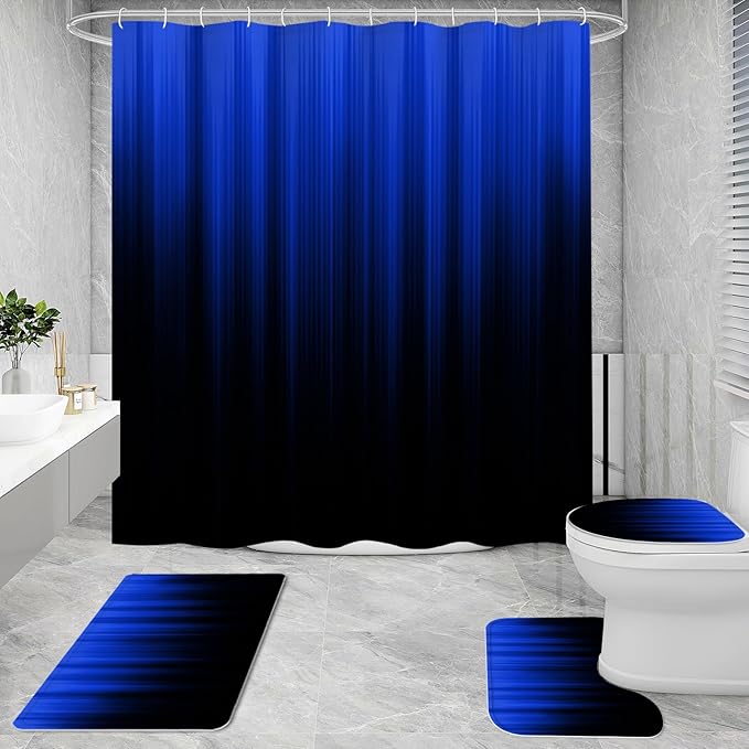 Litabel 4 Pcs Royal Blue and Black Gradient Shower Curtain Set with Rugs and Toilet Lid Cover, Modern Simple Waterproof Fabric Bathroom Set, Ombre Stripe Gothic Abstract Bathroom Decor Set Accessories