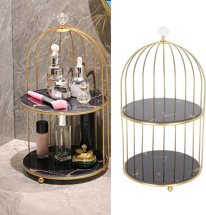 Double Layer Storage Shelf Bird Cage Organizer Display Rack for Bathroom Countertop Dressing Table Gold Frame (Black Base Gold Pattern)