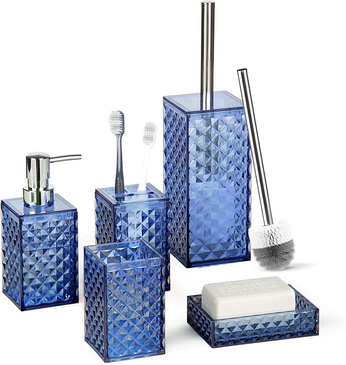 Bathroom Accessory Set, Grid Pattern 5 Pcs Plastic Bathroom Set Include Toilet Bursh, Soap Dispenser, Soap Dish, Toothbrush Holder, Mousewash Cup, Modern Bahtroom Décor Set(Dark Blue)
