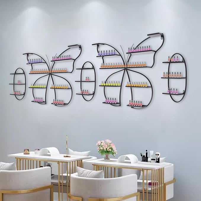 JOMCYDM 5PCS Butterfly Nail Polish Rack Wall Mounted Nail Polish Shelves Cosmetic Display Racks Perfume Lipstick Hanging Display Stand Shelf Organizer for Cosmetics Salon Beauty Shops