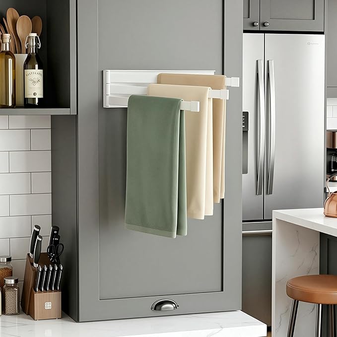 Swing Towel Holder Rack White, Wall Mounted Towel Bar Swivel with 3-Arm for Bathroom Kitchen Storage
