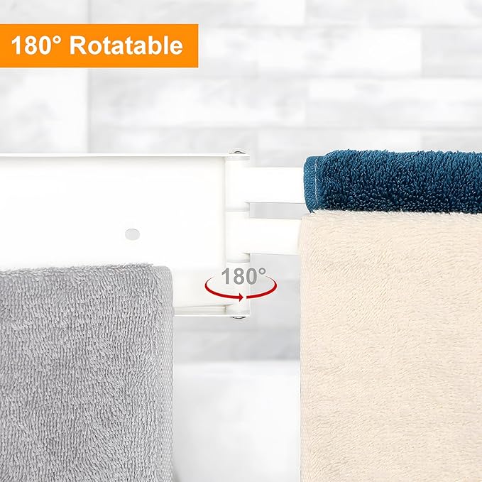 Swivel Towel Rack, 16 inch Extra Long Thickened Stainless Steel 3-Arm Towel Bar, Space Saving Wall Mounted Towel Holder, Rustproof Swing Out Towel Hanger for Bathroom, Kitchen (White)