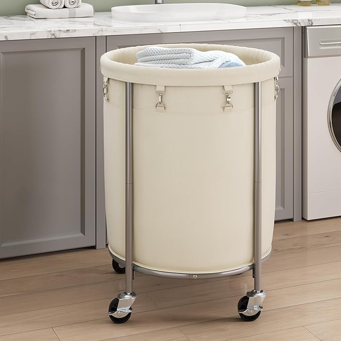 ELYKEN 190L Laundry Basket with Wheels, Large Rolling Laundry Hamper with Removable Liner Bag, Round Rolling Laundry Cart, Dirty Clothes Hamper for Hotel, Home, Closet, Dorm, Cream