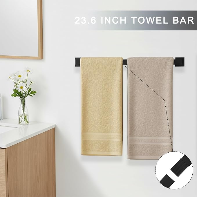 24 Inch Bathroom Hardware Set, 5-Pieces Matte Black Bathroom Accessories Set, Stainless Steel Towel Rack Set, Towel Bar, Towel Hooks, Updated Toilet Paper Holder with Shelf Wall Mounted