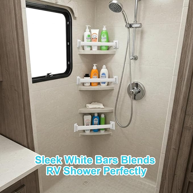 RV Shower Corner Storage Bars 3 Pack, Aluminum Adjustable Camper Shower Shelf Retainer Bars for Bathroom Storage and Organization, RV Essential Accessories for Travel Trailer Inside, 8-14 Inches