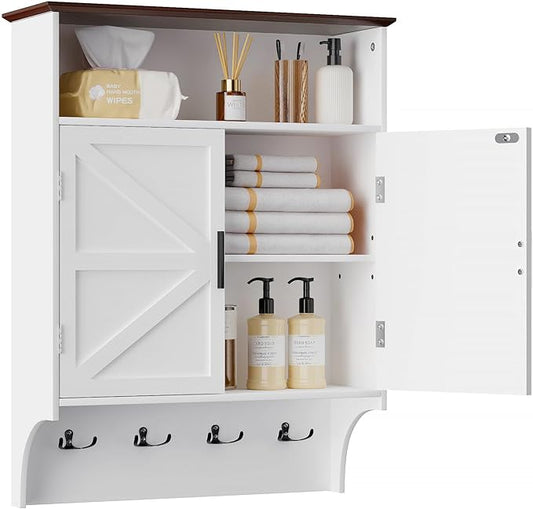 VECELO Farmhouse Bathroom Wall Cabinet, Medicine Cabinet with 4 Hooks, Wall Mounted Storage Cabinet with Open Partition and Adjustable Shelves for Bathroom, Kitchen, Laundry Room, White
