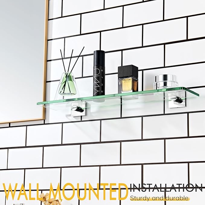 KOKOSIRI Bathroom Shelves Wall Mount 20-Inch Floating Glass Shelf Kitchen Hanging Rack Shower Storage, 2 Pack Polished Stainless Steel B1107CH-L20-P2
