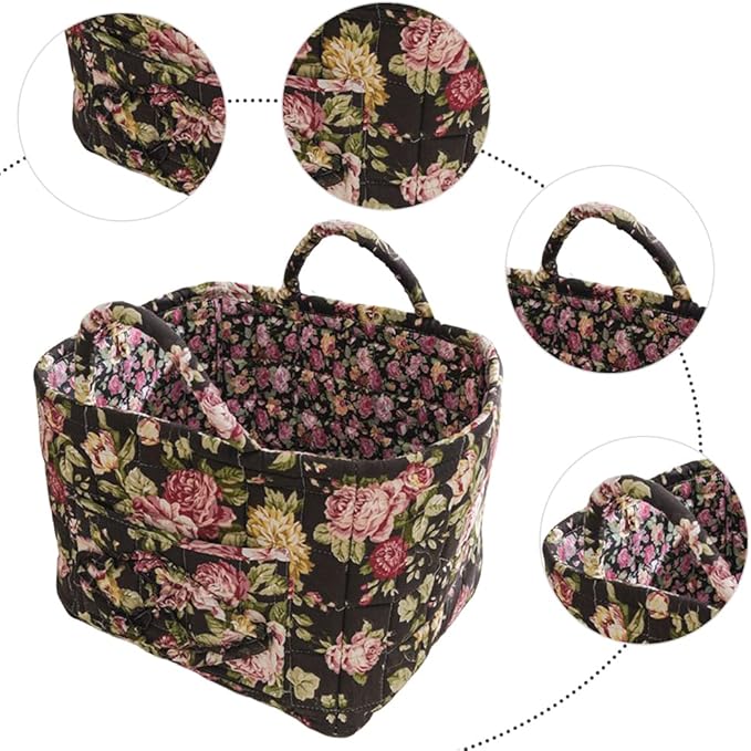 Quilted Fabric Storage Basket Boho Floral Laundry Hamper with Handle Foldable Floral Basket Organizer for Car Bedroom