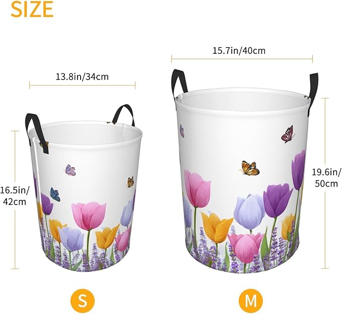 Floral Tulip Laundry Hamper, Collapsible Storage Basket with Handles for Clothes, Bedroom, Bathroom 19.6 x15.7 Inch