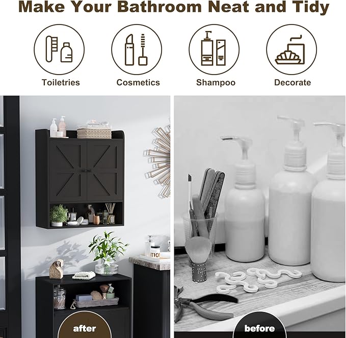 EasyCom 22" W x 26" H Bathroom Wall Cabinet, Farmhouse Medicine Cabinet with Adjustable Shelves and 2 Barn Doors, Over The Toilet Storage Cabinet for Bathroom, Kitchen, Living Room, Black