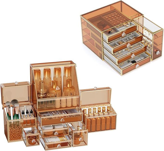 Youdepot Tempered Glass Makeup Organizer Countertop - Multi-Functional Cosmetic Display Case with Jewelry Organizer - Elegant Bathroom and Vanity Organizer