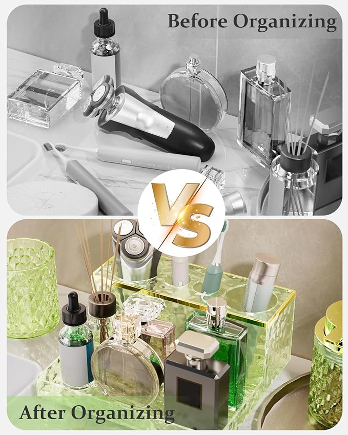 Glass Bathroom Accessories Set 5Pcs Crystal - Foaming Soap Dispenser, Soap Dish, Cup, Acrylic Toothbrush Holder with Tray Organizer, Qtip Jar, Bathroom Counter Set Sink Decor (Green)