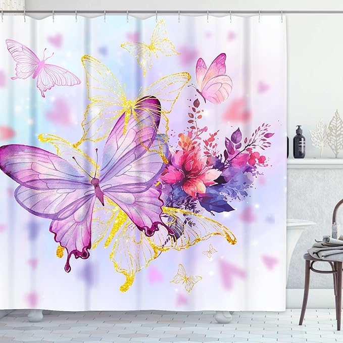 4 Piece Shower Curtain Set, Spring Summer Flowers Waterproof Bathroom Set Accessories with Non-Slip Rugs, Toilet Lid Cover Bath Mat and 12 Hooks, Watercolor Pink Butterfly Home Decor 72" x 72"