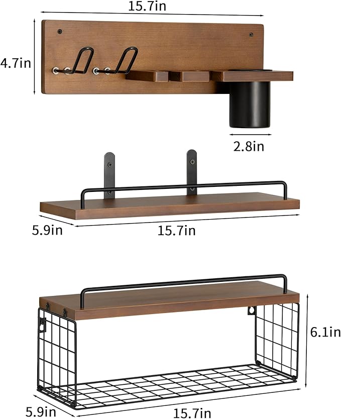 Wall Mounted Bathroom Organizer Shelves Over Toilet, 3-Tier Rustic Wooden Floating Shelf with Metal Basket and Hair Care Styling Tool Holder for Toilet Paper, Towels & Toiletries, Bathroom Decor